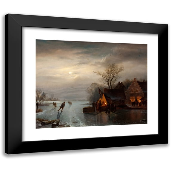 Carl Frederik Sørensen 24x20 Black Modern Framed Museum Art Print Titled - Amsterdam Skating Scene (1848)