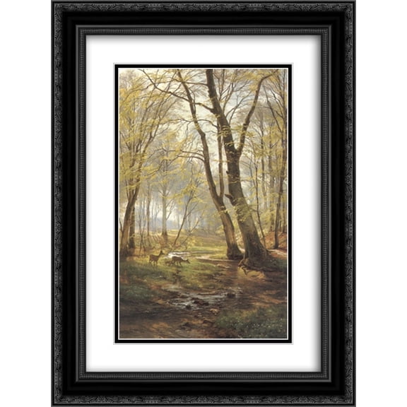 Carl Fredrik Aagaard 2x Matted 18x24 Black Ornate Framed Art Print 'A Woodland Scene With Deer'