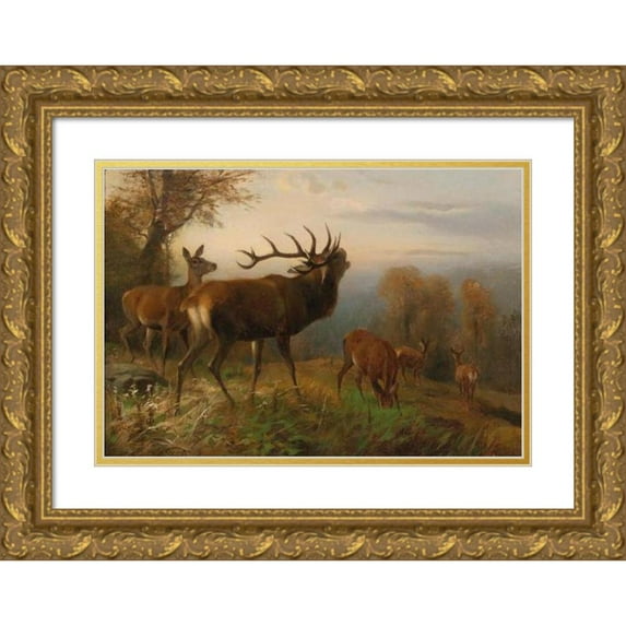 Carl Friedrich Deiker 18x13 Gold Ornate Wood Frame and Double Matted Museum Art Print Titled - Herd of Red Deer