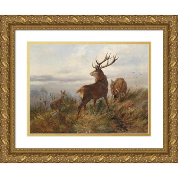 Carl Friedrich Deiker 18x14 Gold Ornate Wood Frame and Double Matted Museum Art Print Titled - Red Deer at Dawn