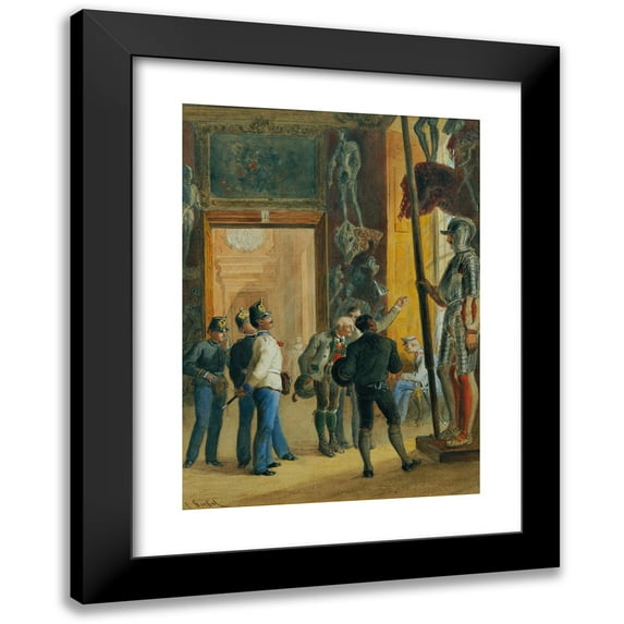 Carl Goebel the younger 11x14 Black Modern Framed Museum Art Print Titled - Austrian Officers and Two Tyroleans Visit the Ambras Collection in the Lower Belvedere (Before 1880)