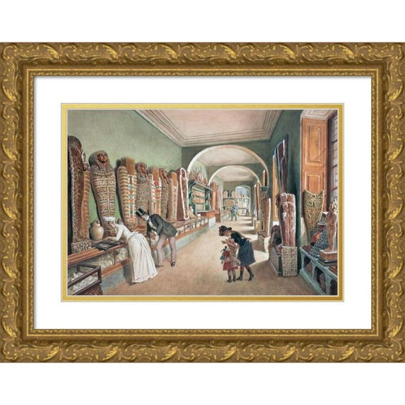 Carl Goebel the younger 14x11 Gold Ornate Wood Frame and Double Matted Museum Art Print Titled - The Corridor and the Last Cabinet of the Egyptian Collection (1889)