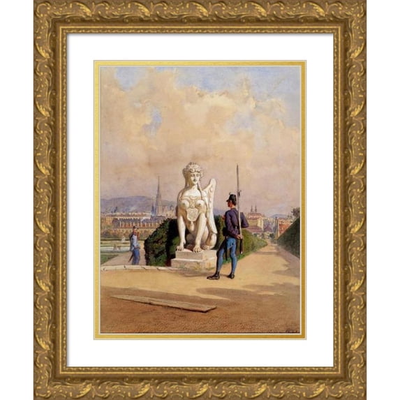 Carl Goebel the younger 19x24 Gold Ornate Framed and Double Matted Museum Art Print Titled - Kurzweil on the Guard in the Garden of the Belvedere Castle in Vienna (1867-1880)