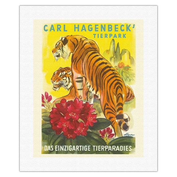 Carl Hagenbeck’s Zoo - Unique Animal Paradise - Hamburg Germany - Vintage Travel Poster by E. Eigener c.1952 - Fine Art Rolled Canvas Print 16in x 20in
