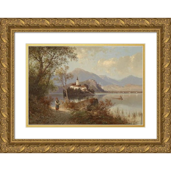 Carl Hasch 14x11 Gold Ornate Wood Frame and Double Matted Museum Art Print Titled - View of the Bleder Lake