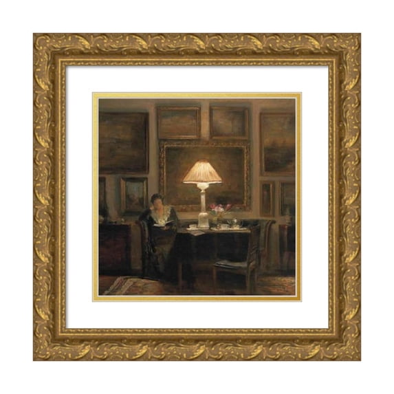 Carl Holsøe 15x15 Gold Ornate Wood Frame and Double Matted Museum Art Print Titled - A Lady Reading by Lamplight