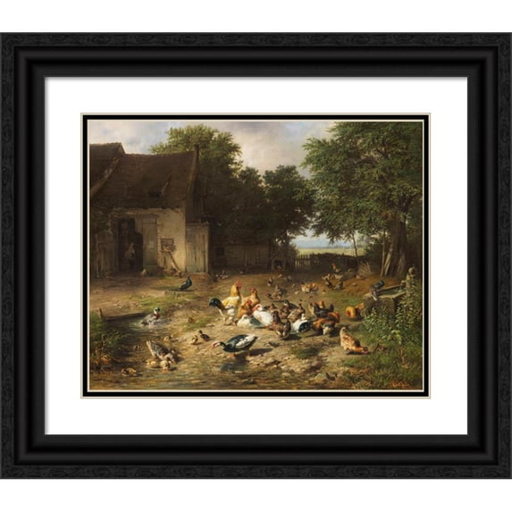 Carl Jutz The Elder 24x20 Black Ornate Framed Double Matted Museum Art Print Titled: Sommerlicher Huhnerhof (1862)
