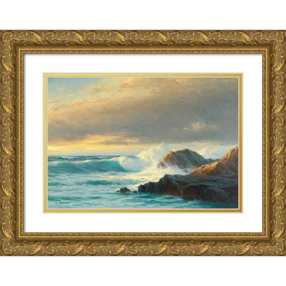 Carl Kenzler 18x14 Gold Ornate Wood Frame and Double Matted Museum Art Print Titled - Breakers on the Coast at Sunset