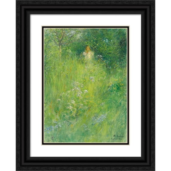 Carl Larsson 11x14 Black Ornate Wood Framed Double Matted Museum Art Print Titled: A Fairy (Kersti in the Meadow) (1899)