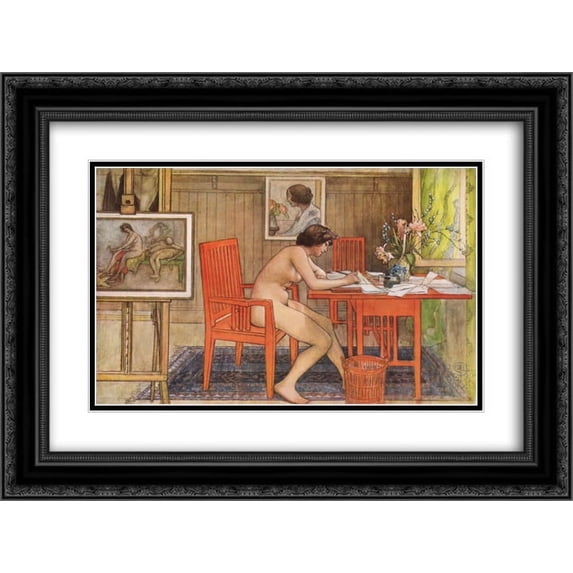 Carl Larsson 2x Matted 24x20 Black Ornate Framed Art Print 'Model Writing Postcards'