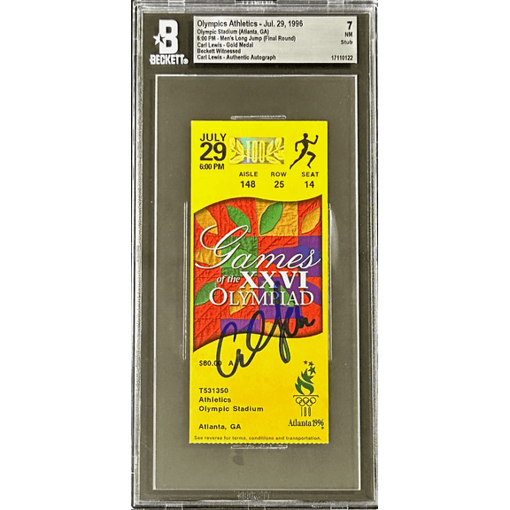 Carl Lewis Signed 1996 ATL Olympics Beckett Ticket Stub Beckett Lewis Gold Medal