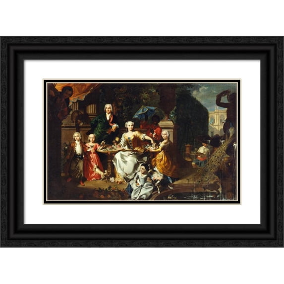 Carl Marcus Tuscher 14x11 Black Ornate Wood Framed Double Matted Museum Art Print Titled: A Family Group on a Terrace in the Grounds of a Villa. (1736 - 1737)