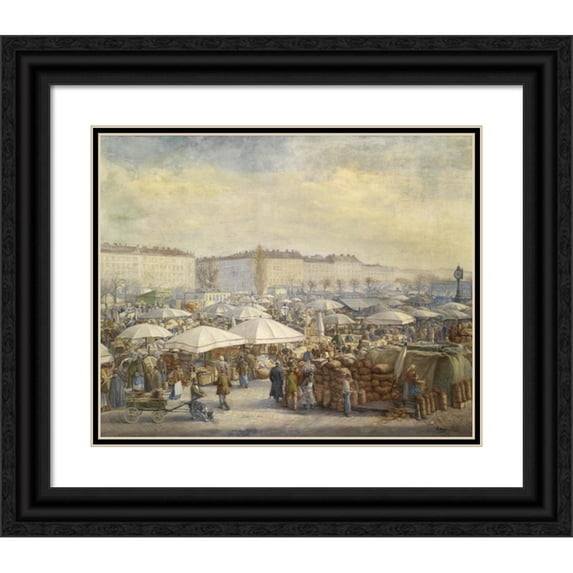 Carl Massmann 14x12 Black Ornate Wood Framed Double Matted Museum Art Print Titled: Lively Hustle and Bustle on the Naschmarkt