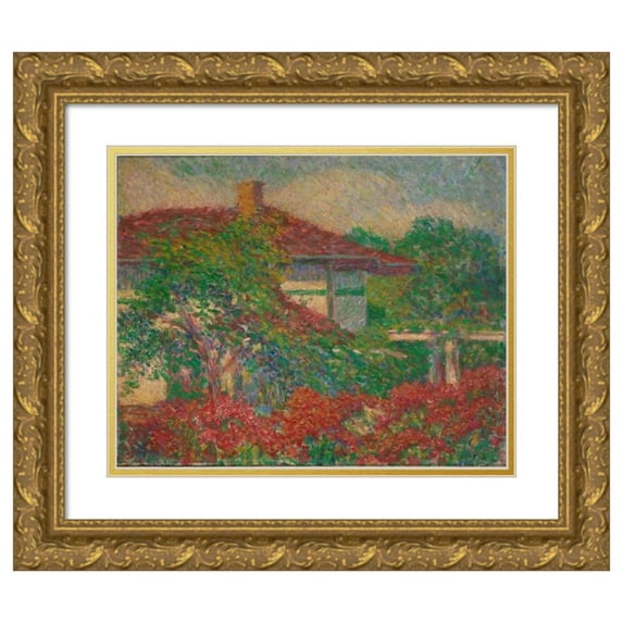 Carl Newman 14x12 Gold Ornate Wood Frame and Double Matted Museum Art Print Titled - (Landscape with Red Roof Building) (ca. 1880-1910)