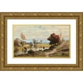 thumbnail image 1 of Carl Philipp Weber 14x10 Gold Ornate Wood Frame and Double Matted Museum Art Print Titled - Landscape with Cows Watering and Town in Background, 1 of 4