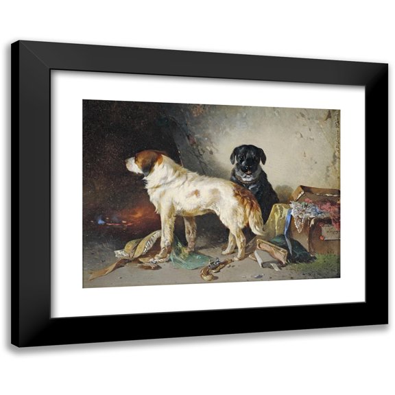 Carl Pischinger 14x11 Black Modern Framed Museum Art Print Titled - Two Dogs with a Clothing Box.