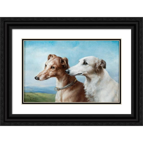 Carl Reichert 18x13 Black Ornate Wood Framed Double Matted Museum Art Print Titled - Two Greyhounds