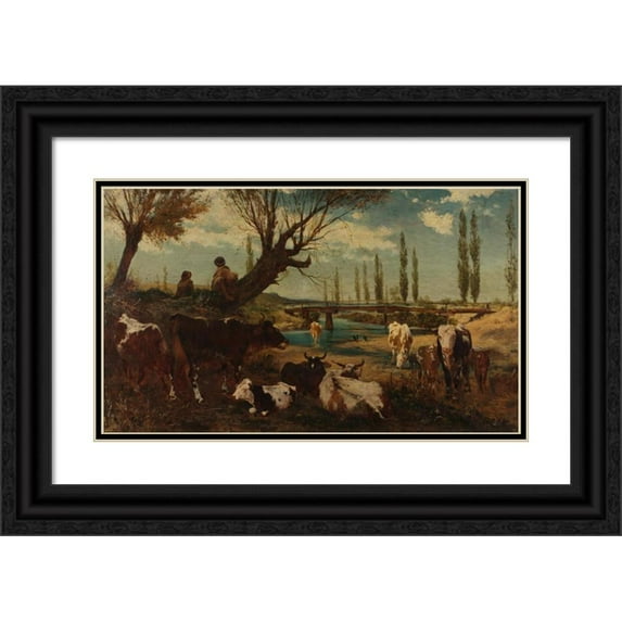 Carl Rudolf Huber 18x12 Black Ornate Wood Framed Double Matted Museum Art Print Titled - Herds on the Water (1872)