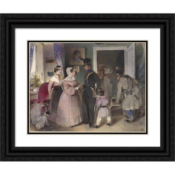 Carl Schindler 18x15 Black Ornate Wood Framed Double Matted Museum Art Print Titled - A Young Officer Saying Farewell to His Family (1841)
