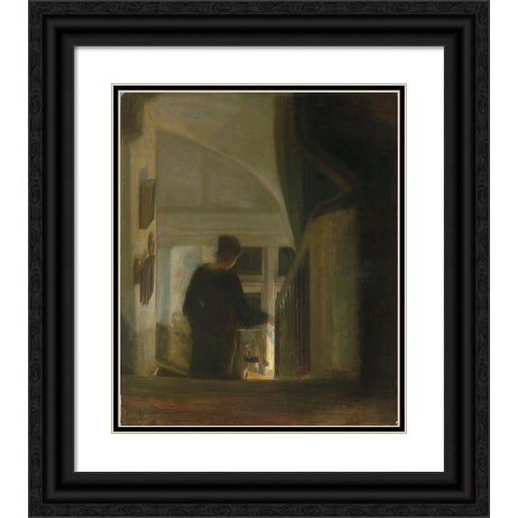 Carl Vilhelm Holsøe 12x14 Black Ornate Wood Framed Double Matted Museum Art Print Titled: A Woman Descending a Staircase