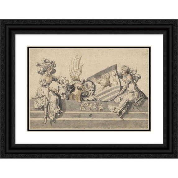 Carl Von Aegeri 24x17 Black Ornate Framed Double Matted Museum Art Print Titled: Two Seated Women with Coat of Arms (1530)