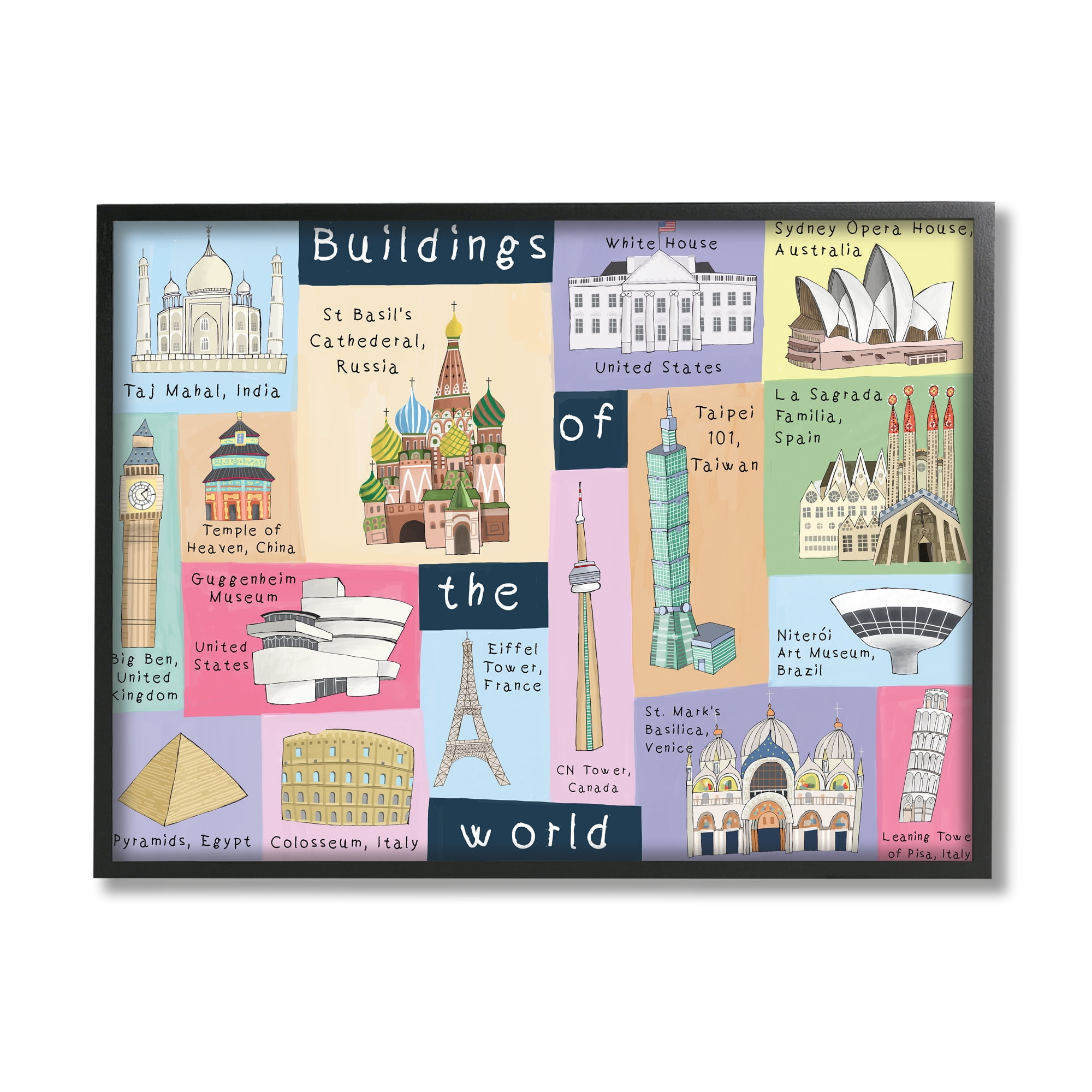 Carla Daly Building of the World Kids Chart Architectural Landmarks 14 in x 11 in Framed Painting Art Prints, by Stupell Home Décor