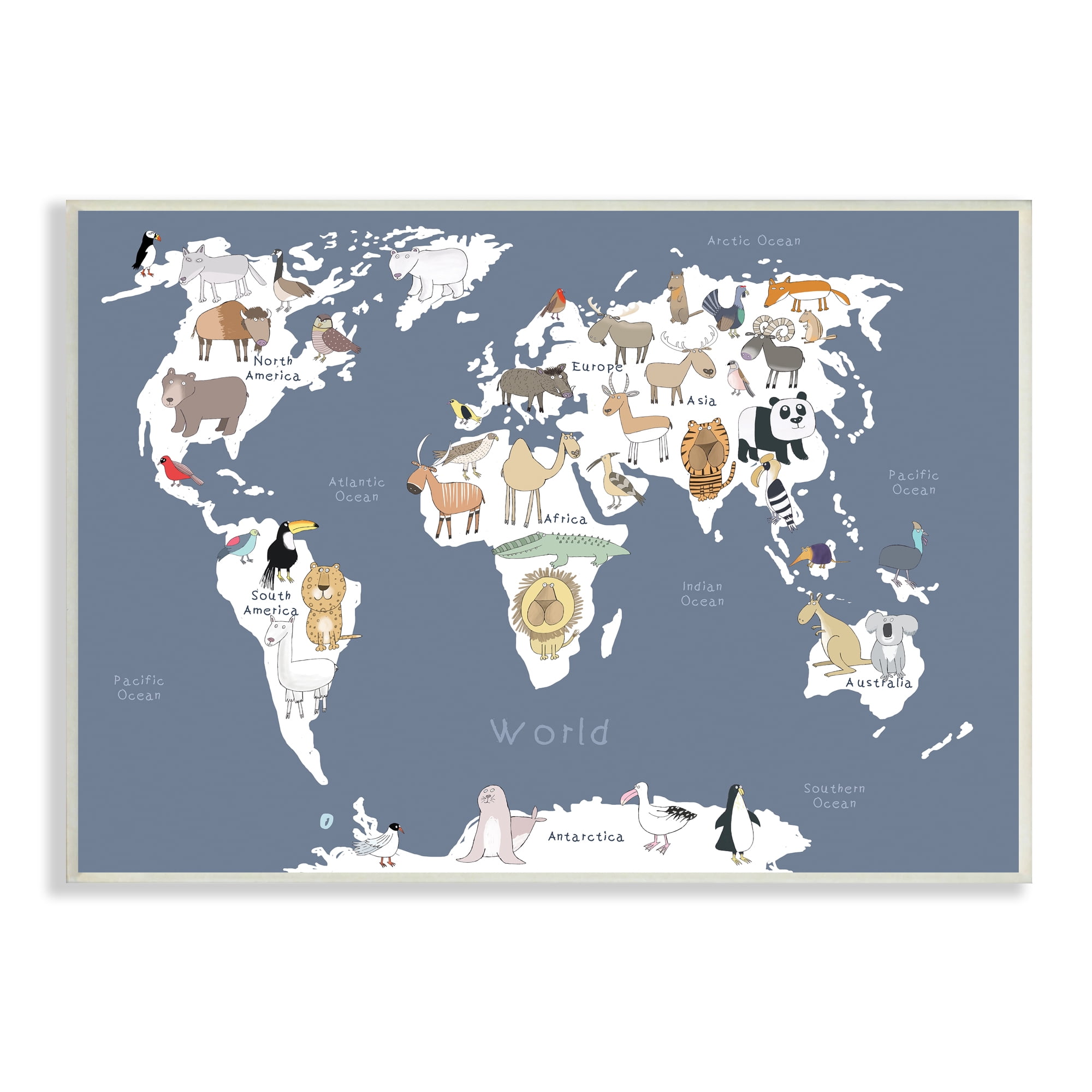 Stupell Industries Adorable Animal World Map Kid's Lion Tiger Bear, 10 x 15, Designed by Carla Daly