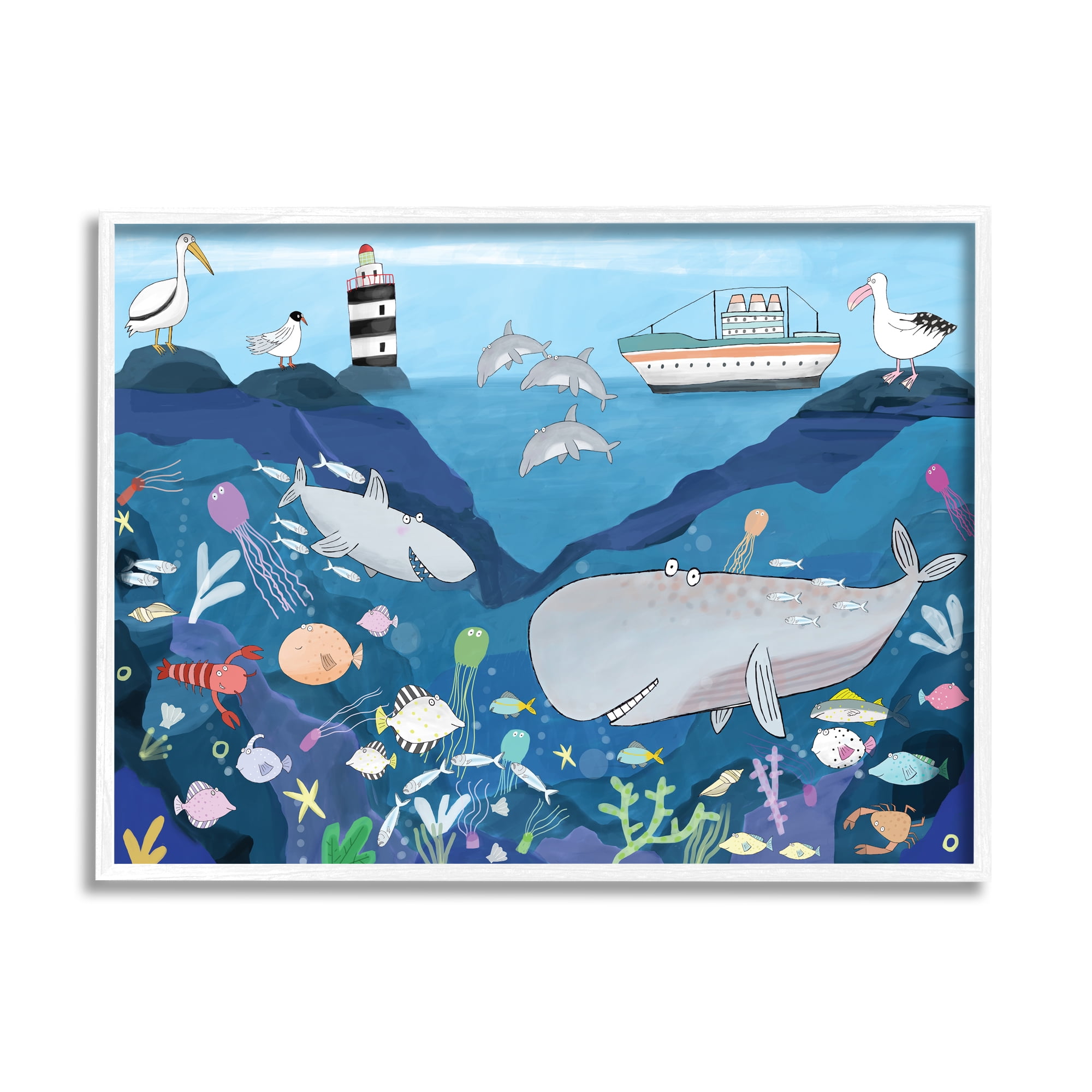 Carla Daly Underwater Wildlife Kids Illustration Shark Whale Boat 14 in x 11 in Framed Painting Art Prints, by Stupell Home Décor