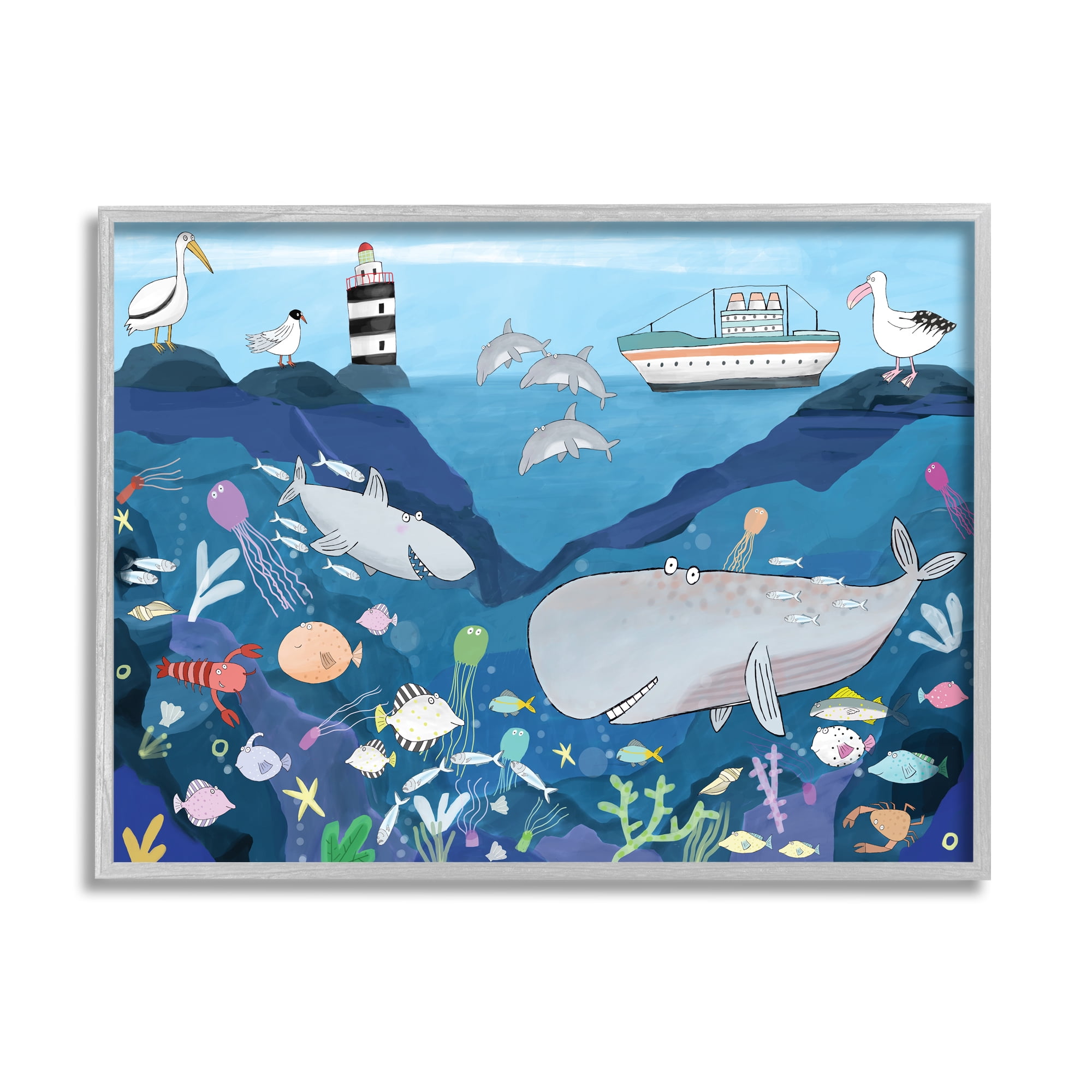 Carla Daly Underwater Wildlife Kids Illustration Shark Whale Boat 30 in x 24 in Framed Painting Art Prints, by Stupell Home Décor