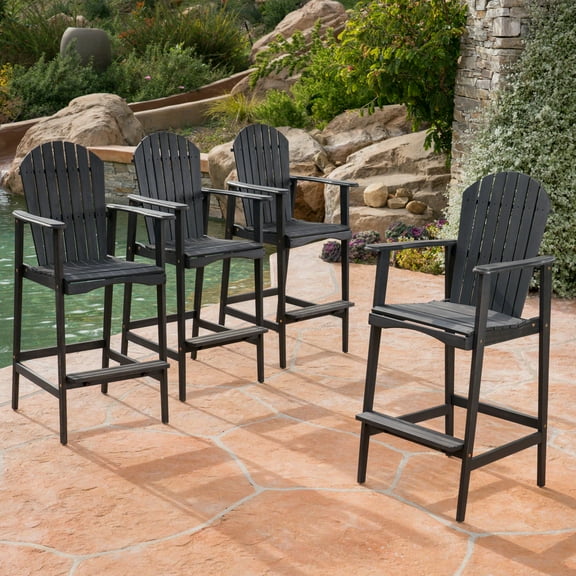 Carla Outdoor Acacia Wood Adirondack Barstools, Set of 4, Dark Grey