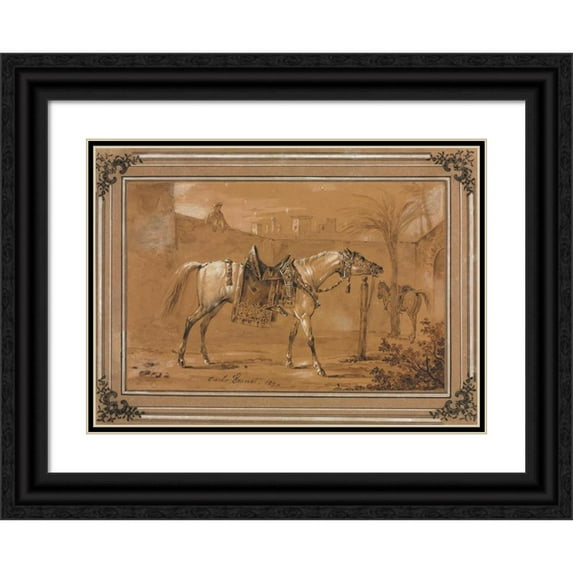 Carle Vernet 14x11 Black Ornate Wood Framed Double Matted Museum Art Print Titled: Saddled Arabian Horse in Courtyard (1820)