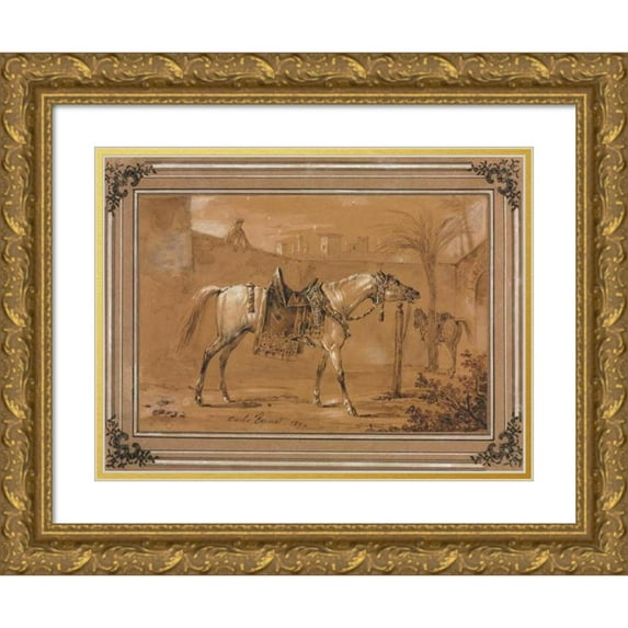 Carle Vernet 18x14 Gold Ornate Wood Frame and Double Matted Museum Art Print Titled - Saddled Arabian Horse in Courtyard (1820)