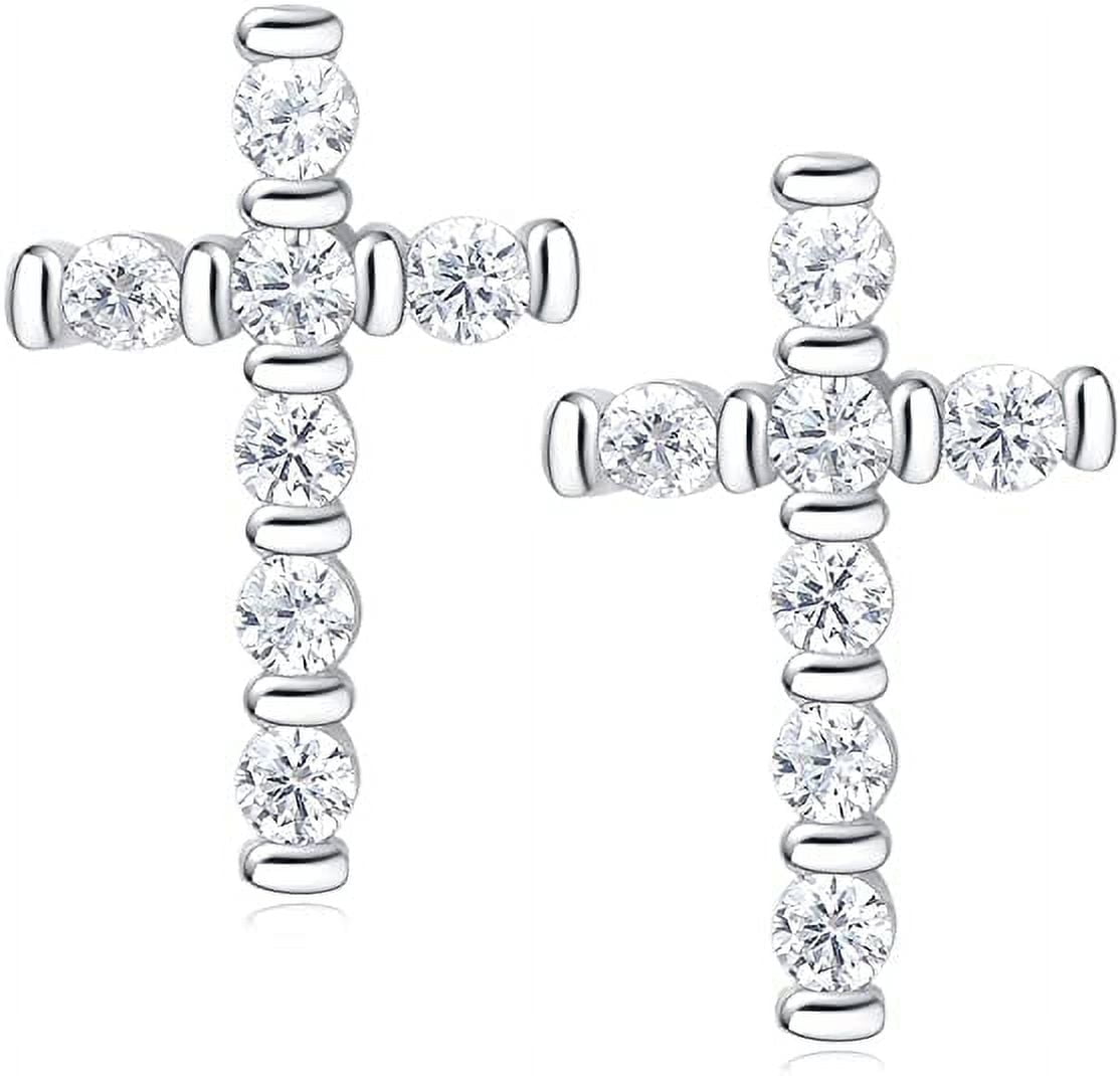925 Sterling Silver Cross Stud Earrings Sparkling Religious Jewelry - View #4