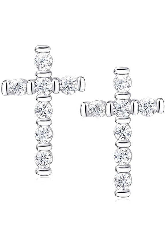 Fanci Me 14k Gold Plated Sterling Silver Clear CZ Cubic Zirconia Cute Dainty Petite Small Tiny Cross Stud Earrings For Women Teens, Size 6mm X 10mm