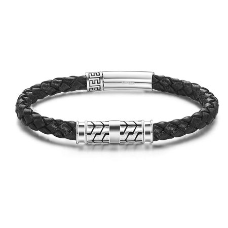 Carleen Destination 925 Sterling Silver Genuine Mens Leather Bracelet Braided Rope Energy Charm Push Button Locking Clasp Anniversary Valentines Day Gift For Him Men