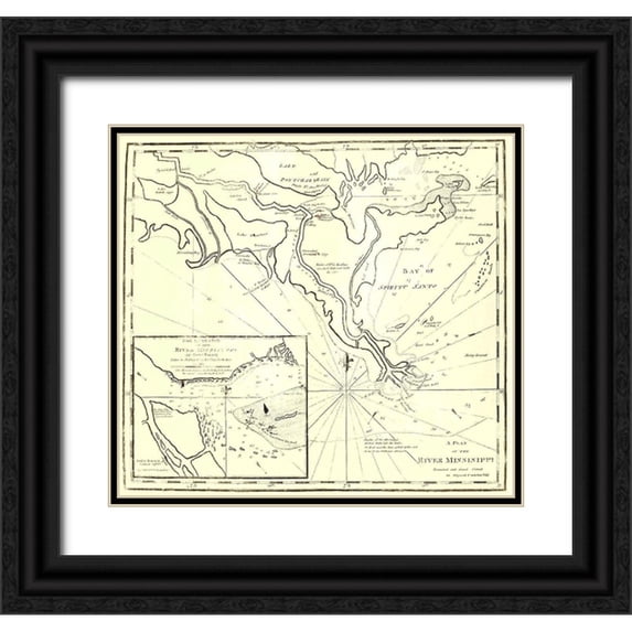 Carleton 28x26 Black Ornate Wood Framed with Double Matting Museum Art Print Titled - River Mississippi - Carleton 1770