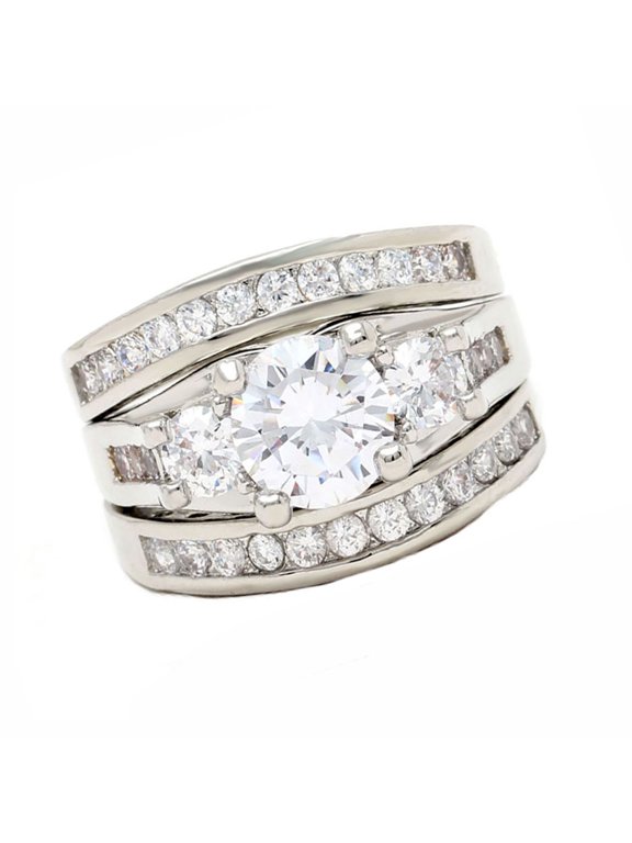 Carli Wedding Ring Set for Women 3 Stone Engagement Ring Matching Band Ginger Lyne Collection