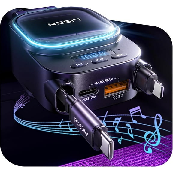 Carlikeit 2025 Bluetooth 5.3 FM Transmitter Car Adapter, 96W 4-in-1 Retractable Car Charger with PD36W + QC18W Ports, HiFi Audio Transmitter & Hands-Free Calling Car Radio Receiver