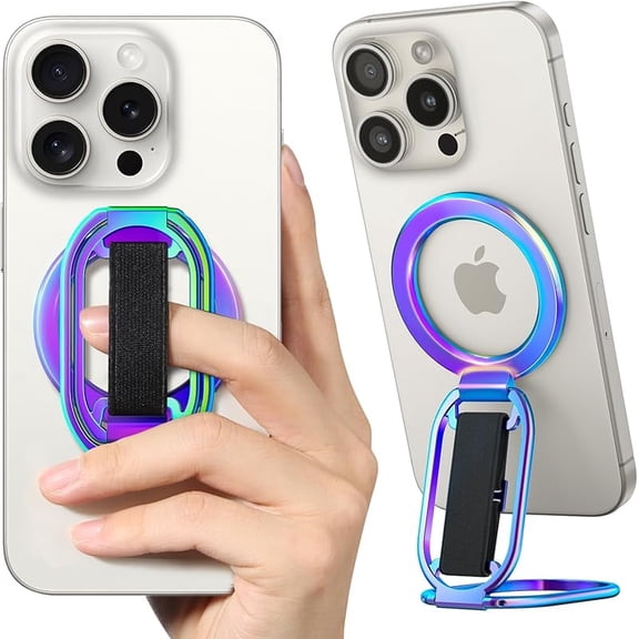 Carlikeit 2025 New MagSafe Phone Grip and Kickstand, 4-in-1 Magnetic Finger Loop Holder with 360 ° Rotation, Adjustable Strap & Foldable Stand for iPhone 16/15/14/13/12 Series
