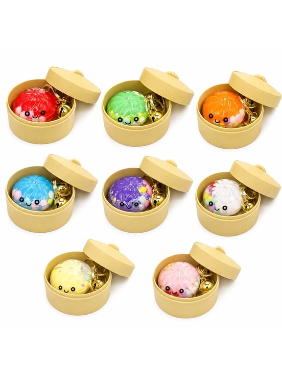 8 Pack Dumpling-Shaped Keychains, Hard Resin 3D Bun Keyrings with Bells and Random Color Assortment for Bags and Luggage