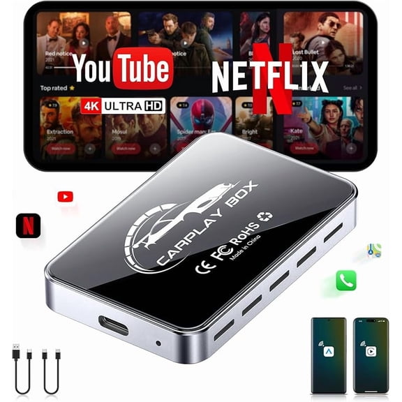 Carlikeit AI Box Wireless CarPlay & Android Auto Adapter Plug & Play Smart Multimedia AI Box with Dual-Band WiFi Bluetooth 5.0 Android 12.0 OS HDMI 4K Video Output 4GB RAM 32GB ROM