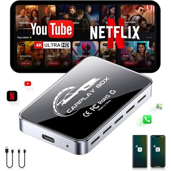 Carlikeit AI Box Wireless CarPlay & Android Auto Adapter Plug & Play Smart Multimedia AI Box with Dual-Band WiFi Bluetooth 5.0 Android 12.0 OS HDMI 4K Video Output 4GB RAM 32GB ROM