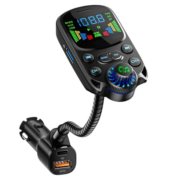 Carlikeit Bluetooth 5.3 FM Transmitter for Car, 30W PD & 18W QC3.0 Fast Charger, Car Bluetooth Adapter with Dual USB Ports, Treble/Bass Sound Control, Large Color Screen, Hands-Free & Voice Assistant