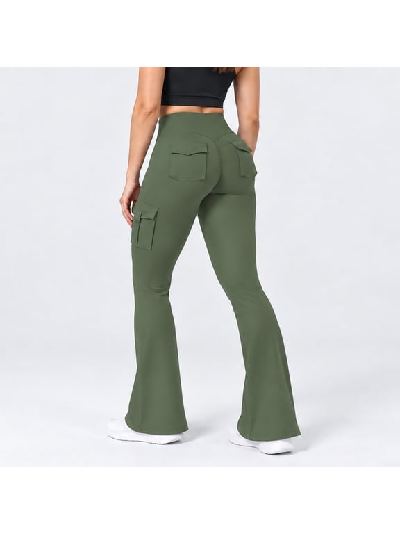 Women's Flare Leggings High Waisted Yoga Workout Pants with Cargo Pockets No Front Seam High Stretch Quick Dry Bootcut Leggings