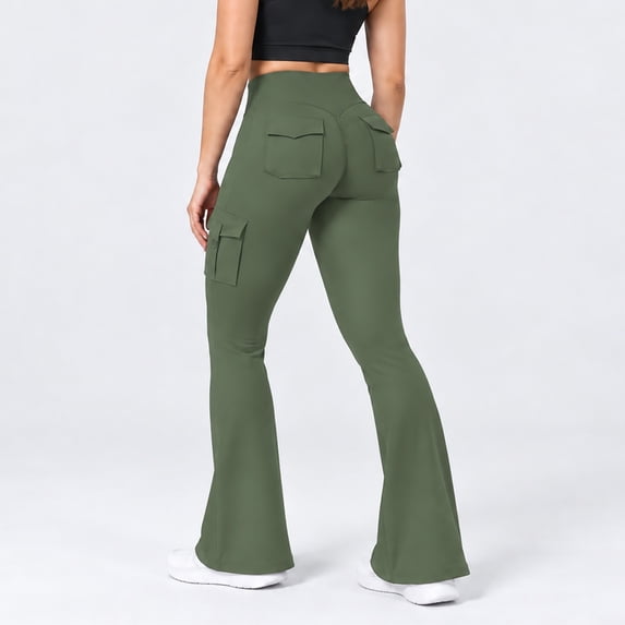 Carlikeit Women's Flare Leggings High Waisted Yoga Workout Pants with Cargo Pockets No Front Seam High Stretch Quick Dry Bootcut Leggings