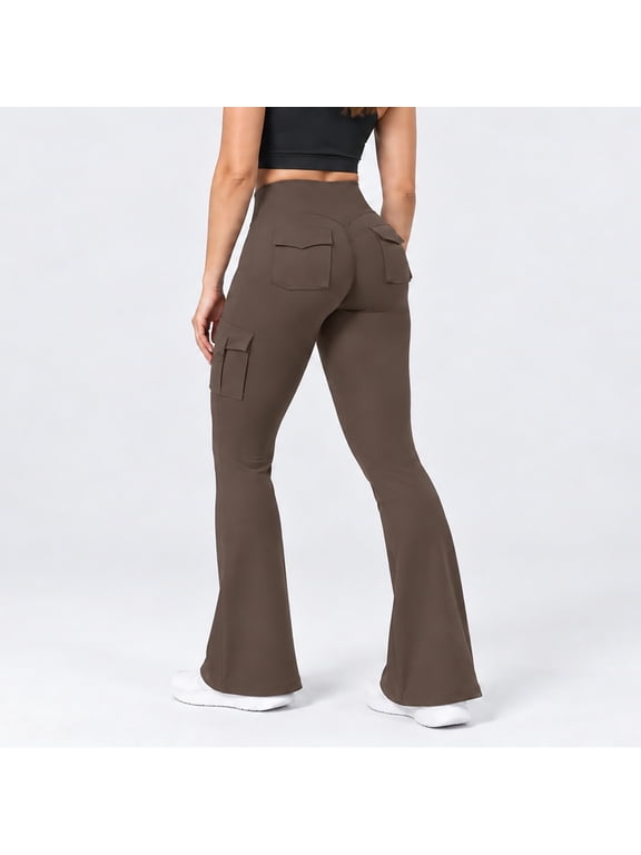 Women's Flare Leggings High Waisted Yoga Workout Pants with Cargo Pockets No Front Seam High Stretch Quick Dry Bootcut Leggings