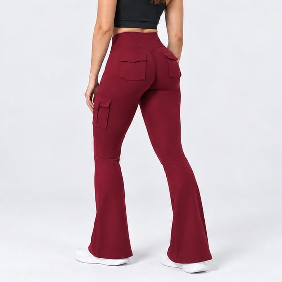 Carlikeit Women's Flare Leggings High Waisted Yoga Workout Pants with Cargo Pockets No Front Seam High Stretch Quick Dry Bootcut Leggings