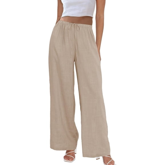 Carlikeit Women's Wide Leg Cotton Linen Pants Drawstring Elastic Waist Palazzo Trousers with Pockets for Vacation and Casual Wear