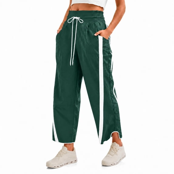 Carlikeit Women's Wide Leg Track Pants 2026 Lightweight Baggy Y2K Pants with Contrast Stripes Drawstring Elastic Waist Casual Parachute Trousers
