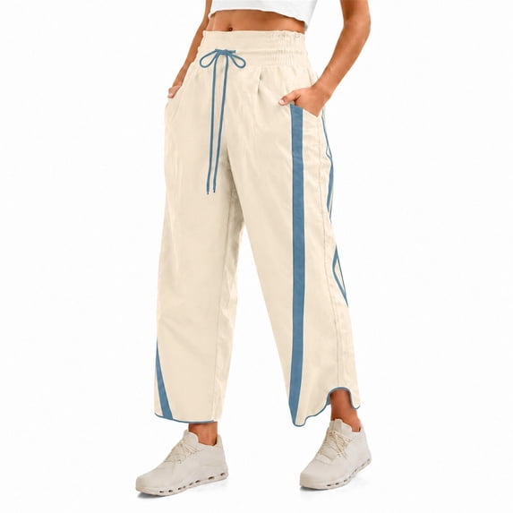 Carlikeit Women's Wide Leg Track Pants 2026 Lightweight Baggy Y2K Pants with Contrast Stripes Drawstring Elastic Waist Casual Parachute Trousers